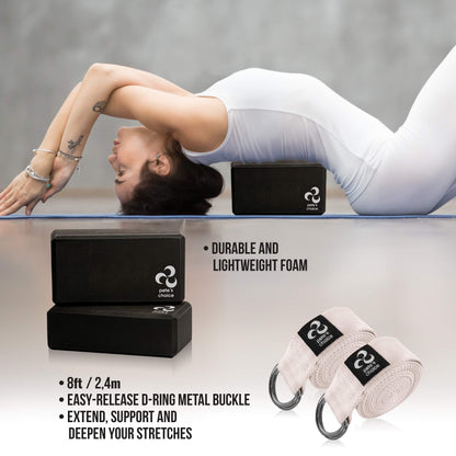 2 Yoga Blocks + 2 Yoga Straps - Starter Kit for Beginners. Great for Home indoor exercises