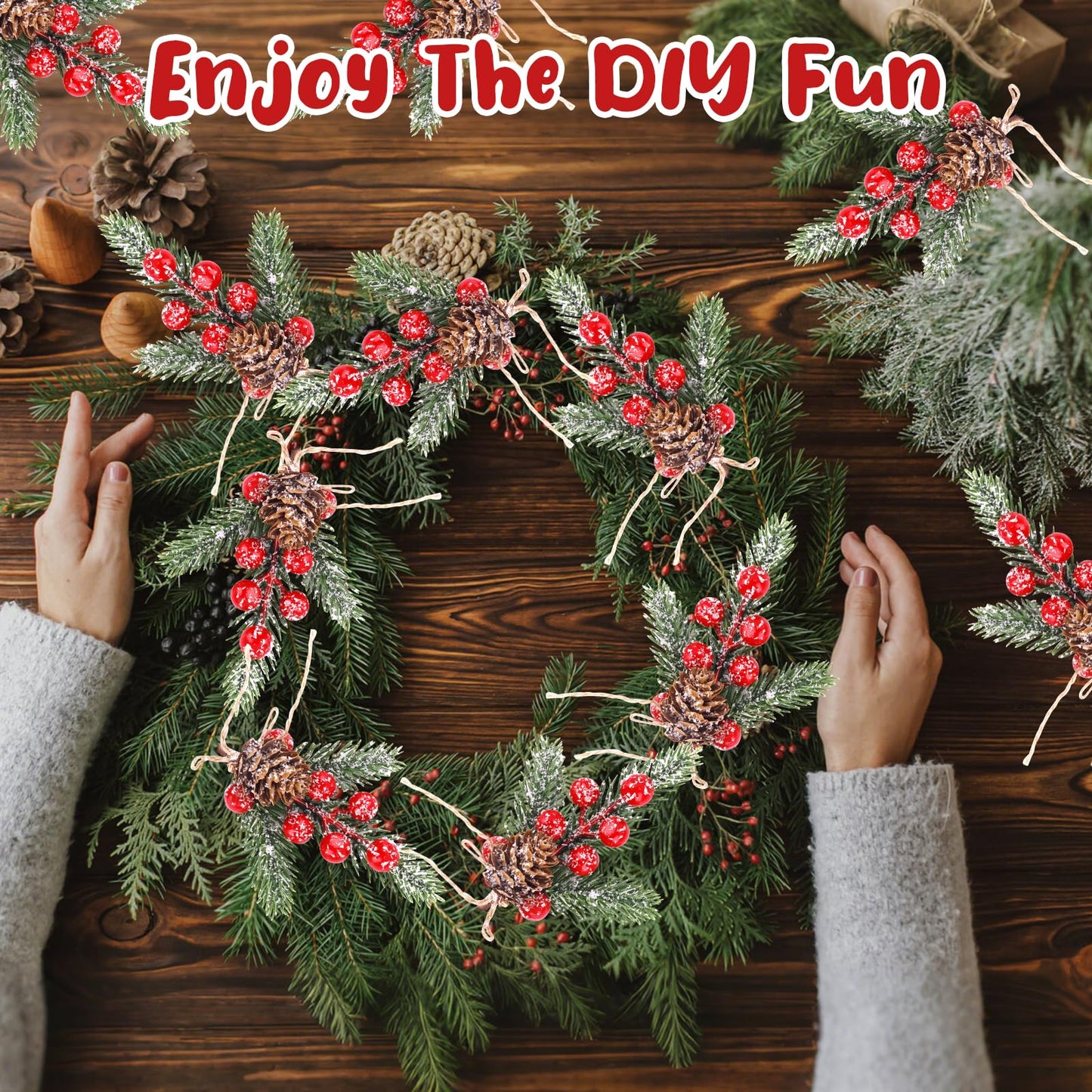 Christmas Berries Red Stems Evergreen Pine Branches 8pcs Christmas Picks Spray Artificial Pine Cones Holly Stem Craft Winter Holiday Floral Picks for Decoration DIY Xmas Garland Wreath Ornaments