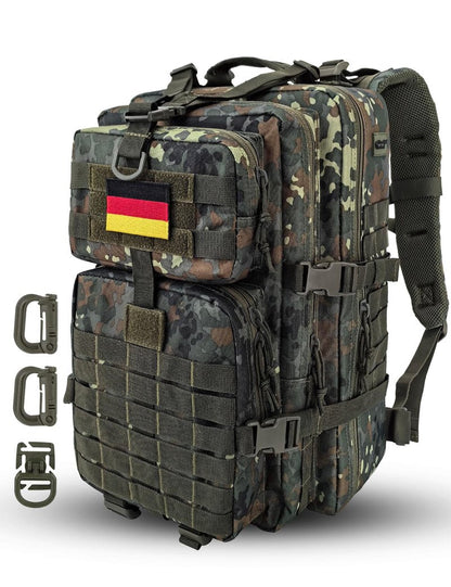 Hannibal Tactical MOLLE Assault Backpack, Tactical Backpack Military Army Camping Rucksack, 3-Day Pack Trip w/USA Flag Patch, D-Rings, Flecktarn
