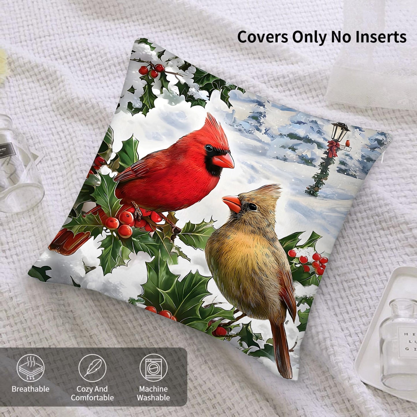 Waiyear Throw Pillows Cover Winter Cardinal Birds Pillow Cases 18"x18" Set of 2,Winter Christmas Pillow Cases for Christmas Living Room Couch Decor