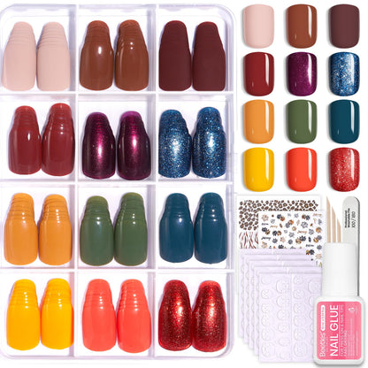 Beetles Press on Nails Kit 720Pcs 24 Colors, Press on Nails Short Almond Glossy Matte Glitter With Nail Glue & Nail Tabs Stickers, Natural Fit Lightweight Fake Nails Kit Art For Women Girls