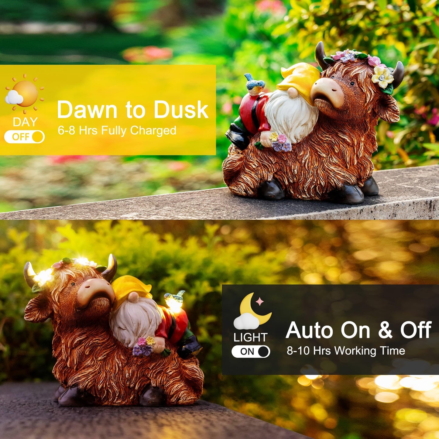 Pohabery Garden Gnome Statue - Highland Cow with Solar Flower LED Lights and Bird - Funny Outdoor Decor for Table, Patio, Lawn - Unique Birthday Gifts for Mom, Women, and Christmas Decorations