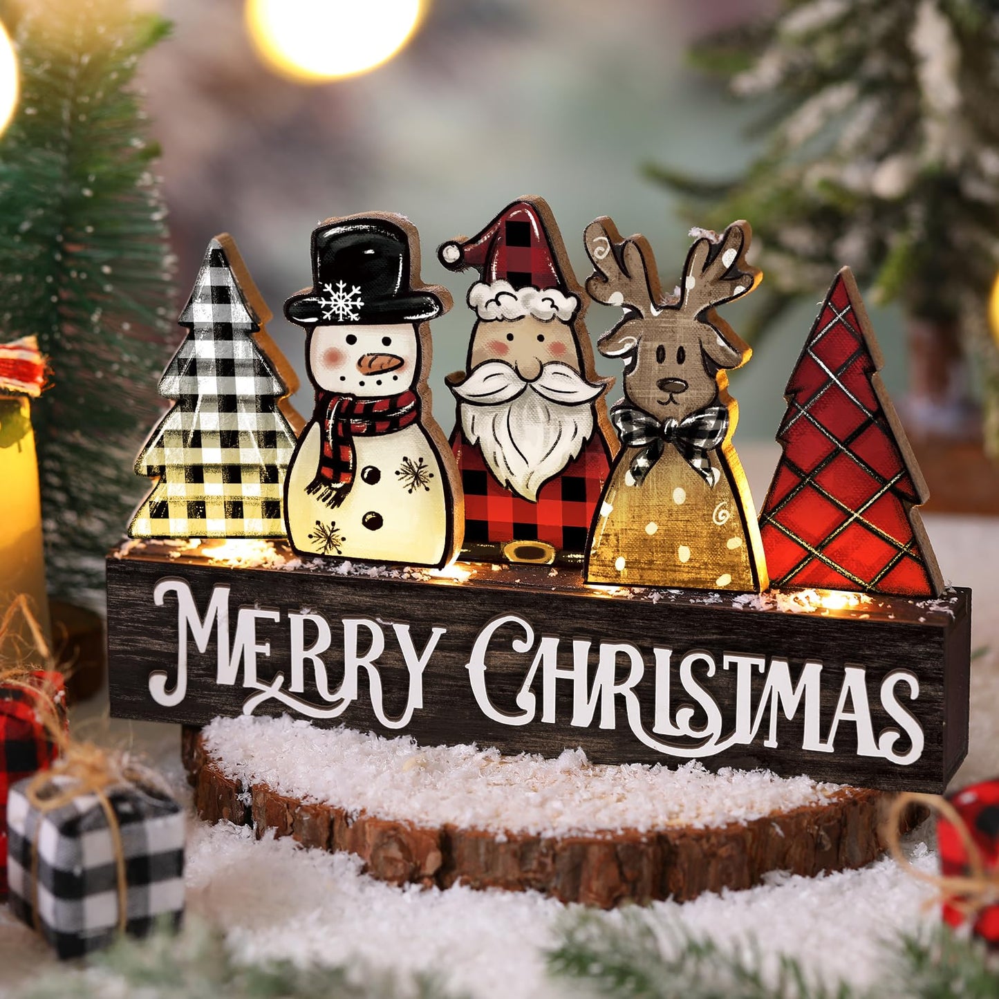 Chunful Lighted Wooden Christmas Tree Decor Rustic Christmas Tabletop Decoration Sign Xmas Tree Santa Reindeer Snowman Table Centerpieces for Home Office Fireplace Farmhouse Xmas Party Table Decor