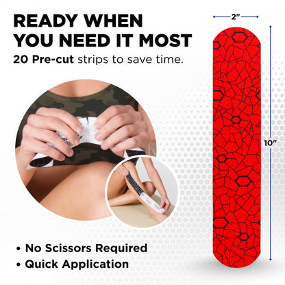 THERABAND Kinesiology Tape, Waterproof Physio Tape for Muscle & Joint Support, Standard Roll with XactStretch Application Indicators, 2" X 10" Strips, 20 Precut Strips, Hot Red/Black