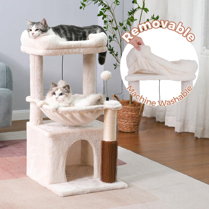Pawfessor Cat Tree 32 Inches Small Cat Tree for Large Cats Adult Cat Tower with Scratching Post,15.7”Large Hammock and Self Groomer, and Removable Top Perch and Wide Condo for Indoor Cats-Beige