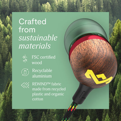 House of Marley Smile Jamaica Wired USB-C Earphones with 9.2mm Driver, Sustainably Crafted, Tangle-Resistant Cable, in Ear Headphones with in-Line Microphone Calls (Rasta) Great Stocking Stuffer Gift