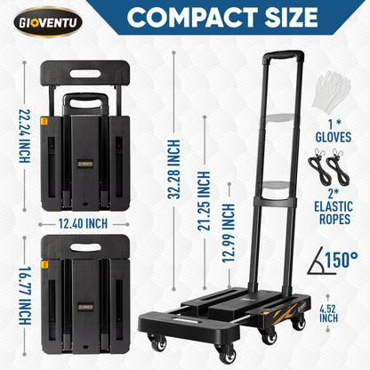 𝟐𝟎𝟐𝟒 𝐔𝐩𝐠𝐫𝐚𝐝𝐞𝐝 Folding Hand Truck Dolly Cart (440LB), Heavy Duty Luggage Cart with TPR Wheels and Easy Setup Design, Portable Platform Truck Collapsible Dolly for Moving, Travel, Office Use
