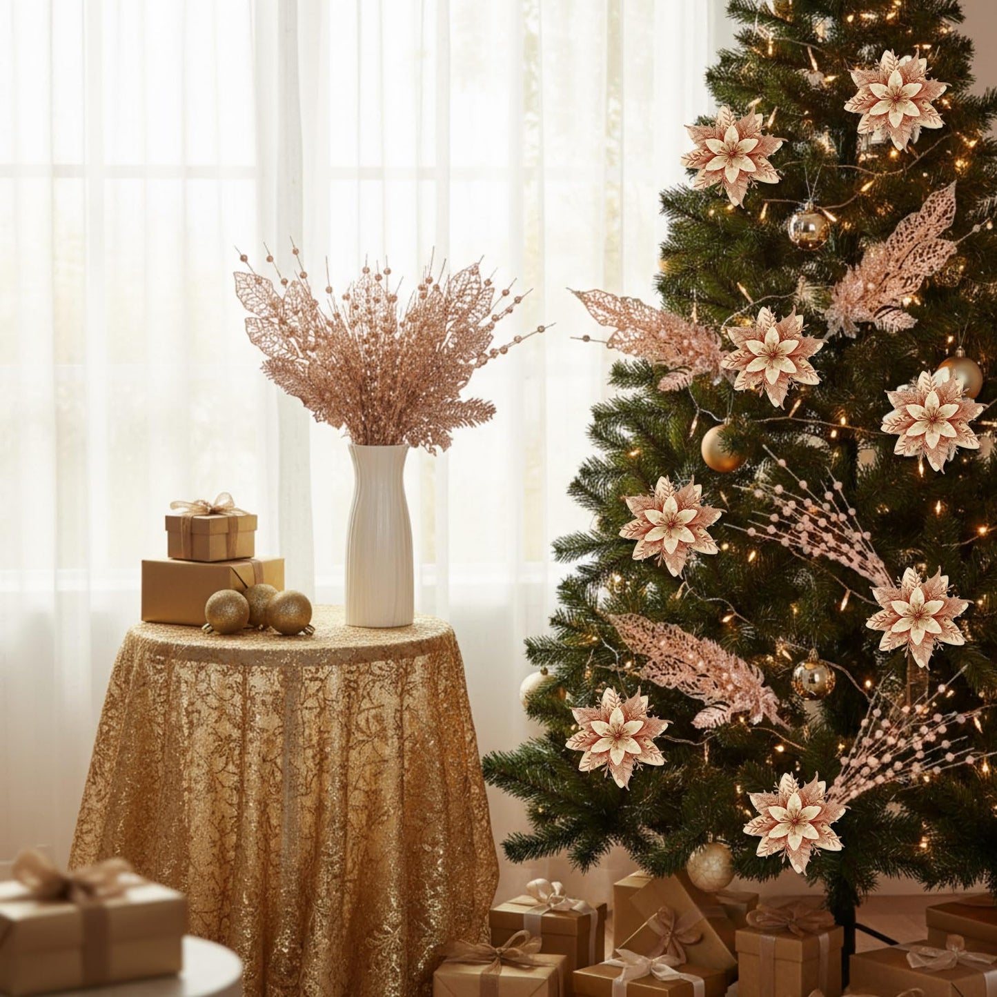 Heentan 22 Pcs Christmas Tree Decorations Set 8 Pcs Poinsettia Flowers Artificial with Clips 14 Pack Glitter Berries Stems Floral Picks Christmas Ornaments for Holiday Wreath Party Decor(Champagne)