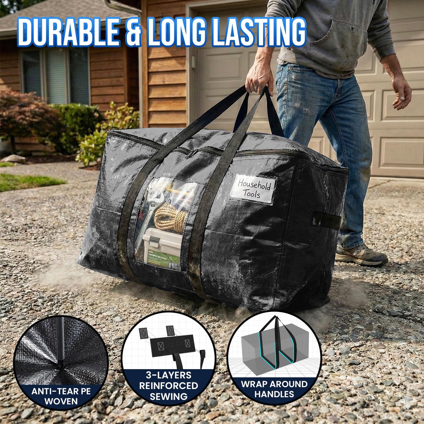 TAILI Extra Large Moving Bags, 4 Pack Black Heavy Duty Totes For Storage with Visible Window, Wrap Around Handles, Storage Bags for Space Saving, Alternative to Moving Boxes