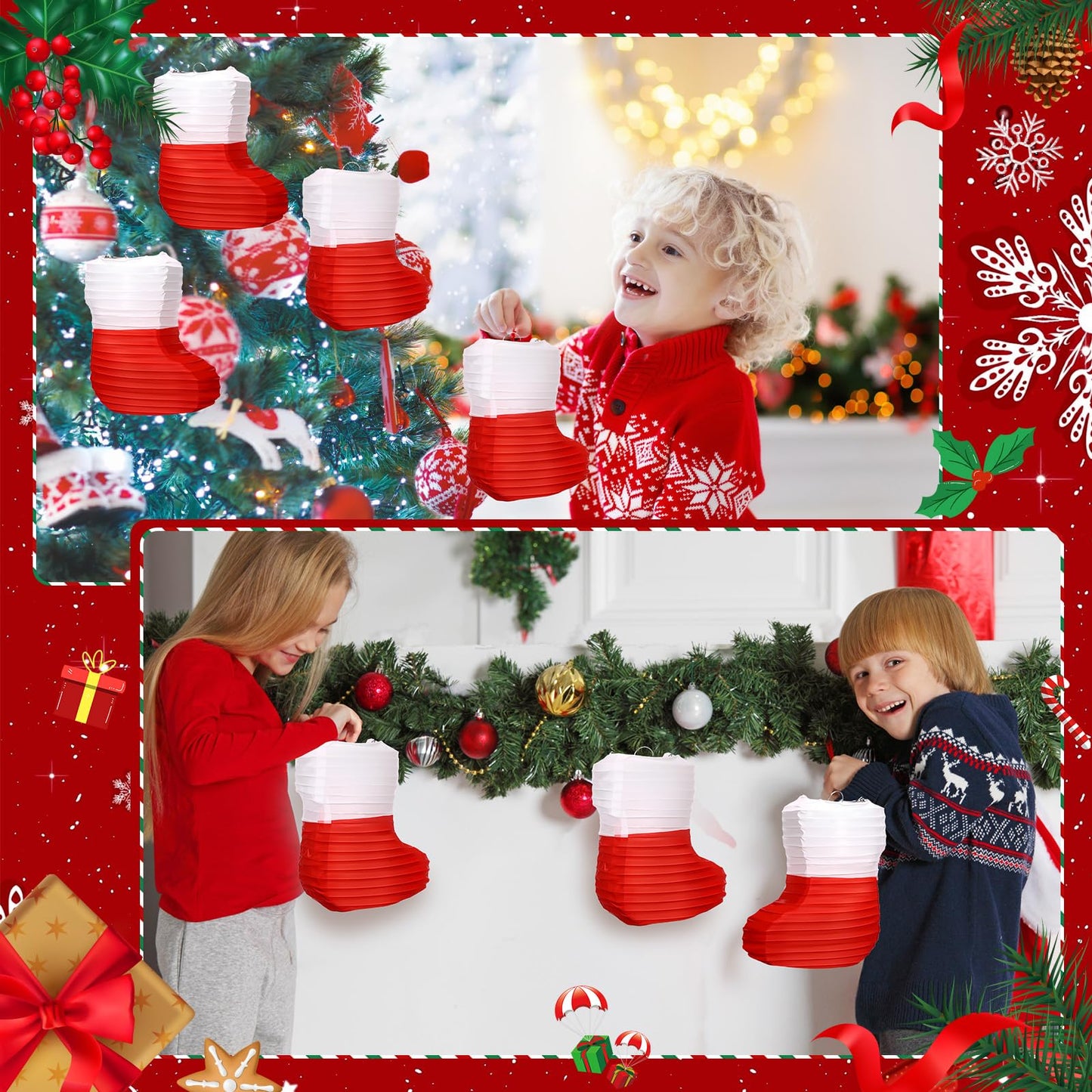 Hortsun 12 Pcs Christmas Paper Lanterns Christmas Stocking Paper Lanterns 8 Inch Red White Xmas Stocks Honeycomb Foldable Hanging Lantern for Xmas New Year Holiday Party Indoor Outdoor Hanging Decor