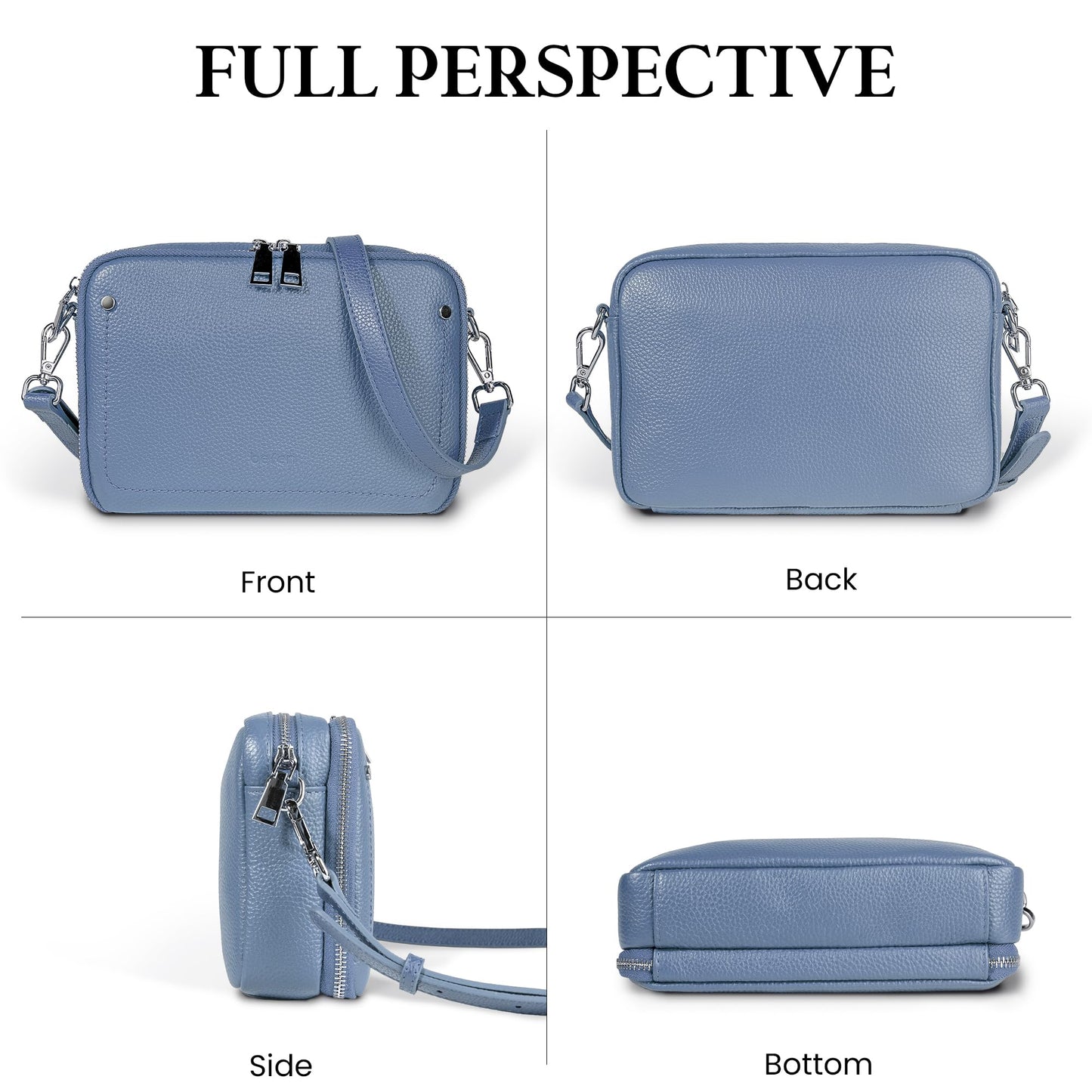 befen Genuine Leather Crossbody Bags for Women, Purses with Built in RFID Wallet Woman Camera Shoulder Bag Handbags Anti Theft Cross Over body Purses with Adjustable Strap, Grey Blue