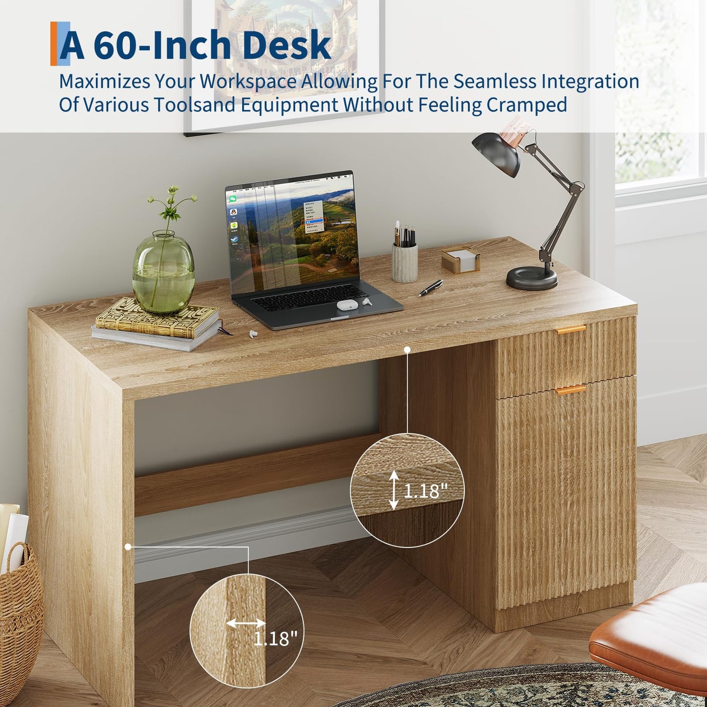 IDEALHOUSE Fluted Executive Desk with Drawers, 60" Modern Home Office Desk with Storage Cabinet, Wood Fluted Computer Desks Workstation for Working, Studying, Writing, Natural Oak