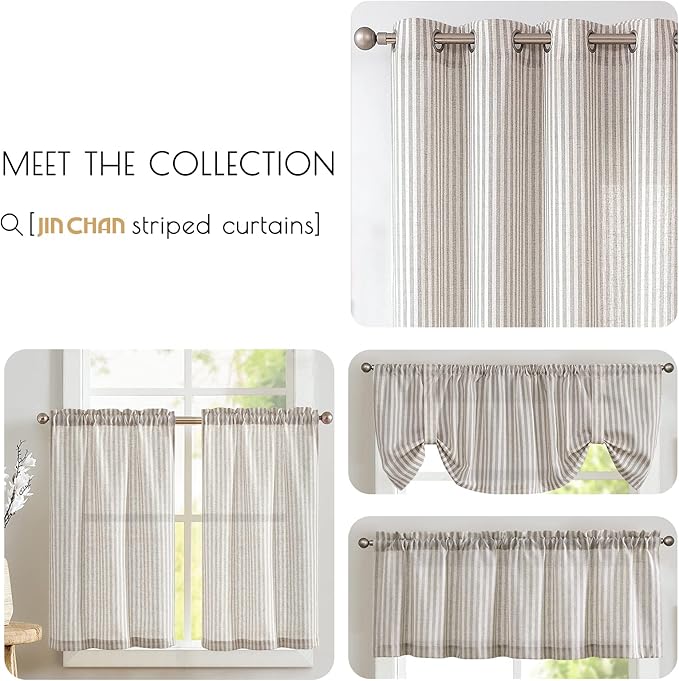 jinchan Tie Top Kitchen Curtains 36 Inch Length Striped Tier Curtains Ticking Stripe Small Drapes for Living Room Bathroom Cafe Small Window Farmhouse Rustic Rod Pocket 2 Panels Taupe Grey