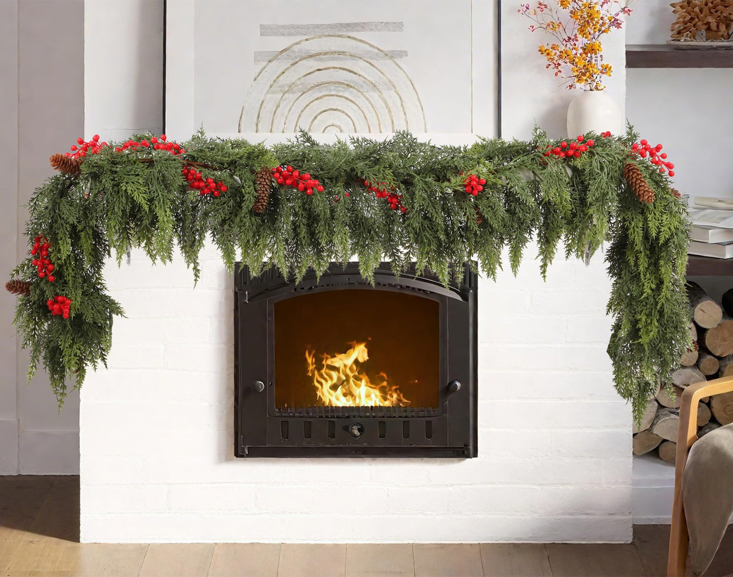 6ft Christmas Cedar Garland with Artificial Red Fruits and Pine Cones, Soft and Thick, Faux Greenery Cedar Garland, Suitable for Home Dining Table, Mantel, Porch Winter Christmas Decoration (6FT)
