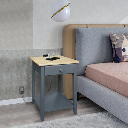 Casual Home Owl Night Stand with USB Port Charging Station and Drawer, 17.5" W x 14.25" D x 24.5" H, Natural Gray