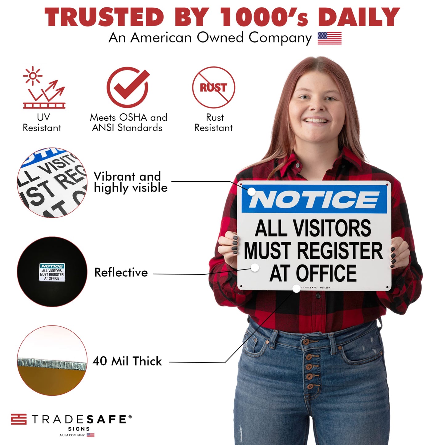 TRADESAFE All Visitors Must Register At Office - Aluminum Safety Sign, Quick Install Signs for Business, Light Reflective, UV-Resistant 14” X 10” Visitor Sign In Metal Signs