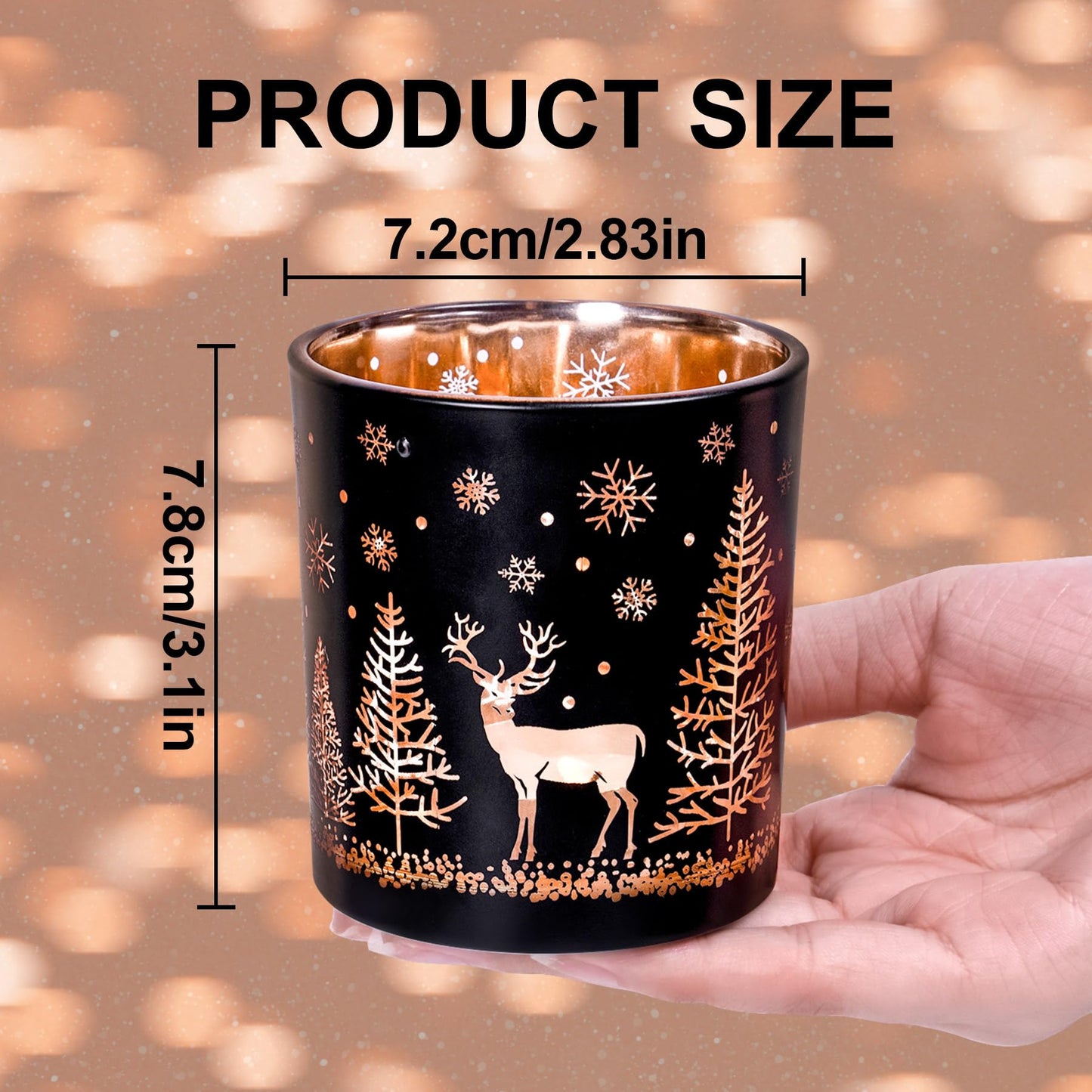 Toptime Votive Candle Holders, Black and Gold Glass Tealight Candle Holder Set of 3, Christmas Candle Holder with Elk, Xmax Tree, Snowflake Pattern, Table Canterpieces for New Year Party Decor
