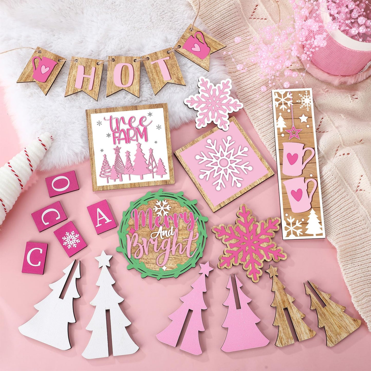 GlikCeil 19 Pcs Pink Christmas Tiered Tray Decor Winter Hot Cocoa Wooden Sign Snowflakes Coffee Table Decoration Rustic Farmhouse Winter Signs for Home Decor Tabletop Shelf Centerpieces