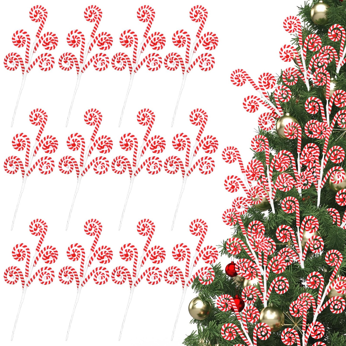 Gerrii 12 Pcs Red and White Candy Cane Christmas Decoration 16" Tree Pick Peppermint Christmas Ornament Xmas Tree Topper Woolen Curly Lollipop Pick Spray for Holiday Party Vase Wreath Garland