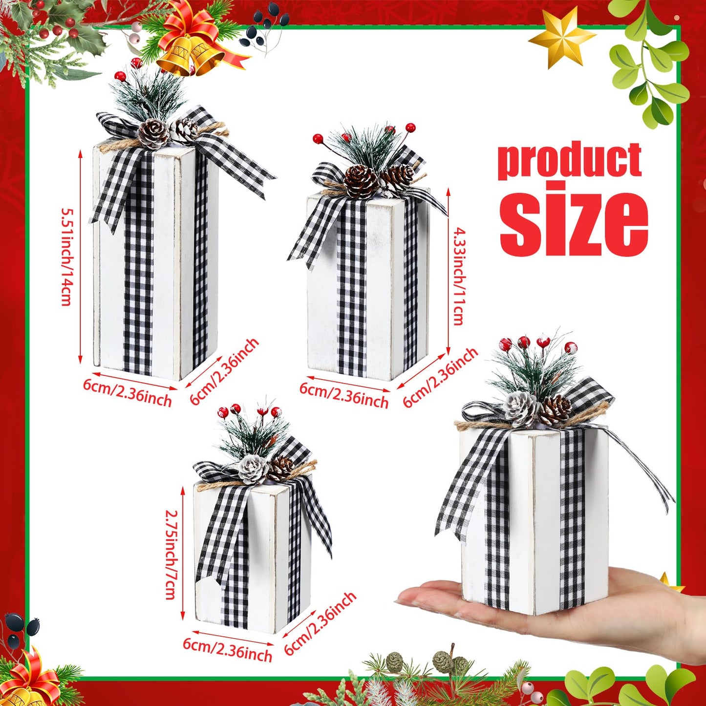 Amyhill 3 Pcs Christmas Wooden Gifts Box Decor Christmas Plaid Presents Table Centerpieces Rustic Wooden Gifts Tiered Tray Decor with Buffalo Plaid Bowknot for Xmas Party (White,Fashion)