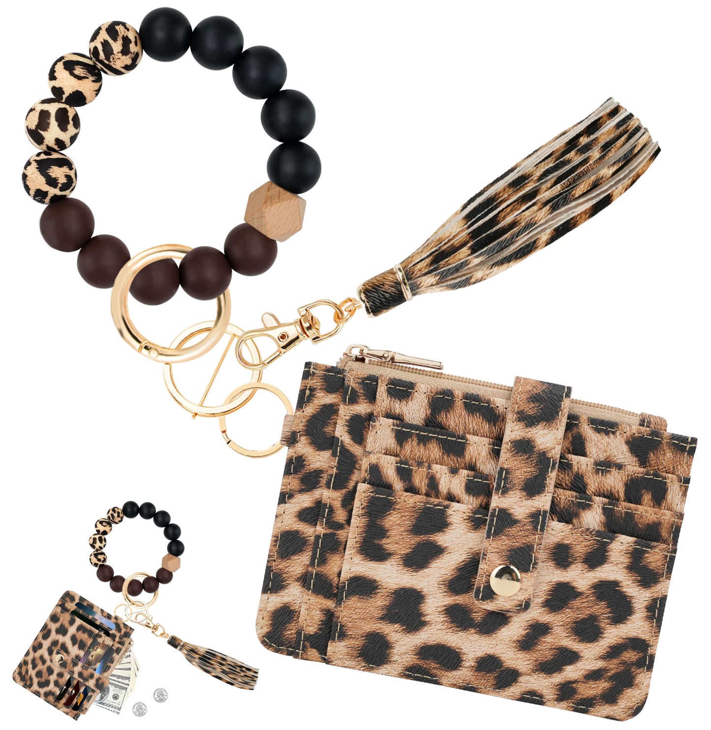 KNGITRYI Wallet Keychain Wristlet for Women,Slim RFID Credit Card Holder Purse Tassel Keychain Bangle Key Ring for Men Women(Leopard)