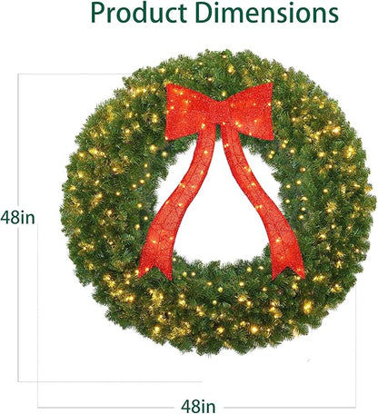 48in Prelit Christmas Wreath - Large Outdoor Christmas Wreath with Lighted Red Christmas Bow, Metal Hook, 714 Branch Tips & 250 Multicolor LED Lights for Front Door Window Holidy Decor
