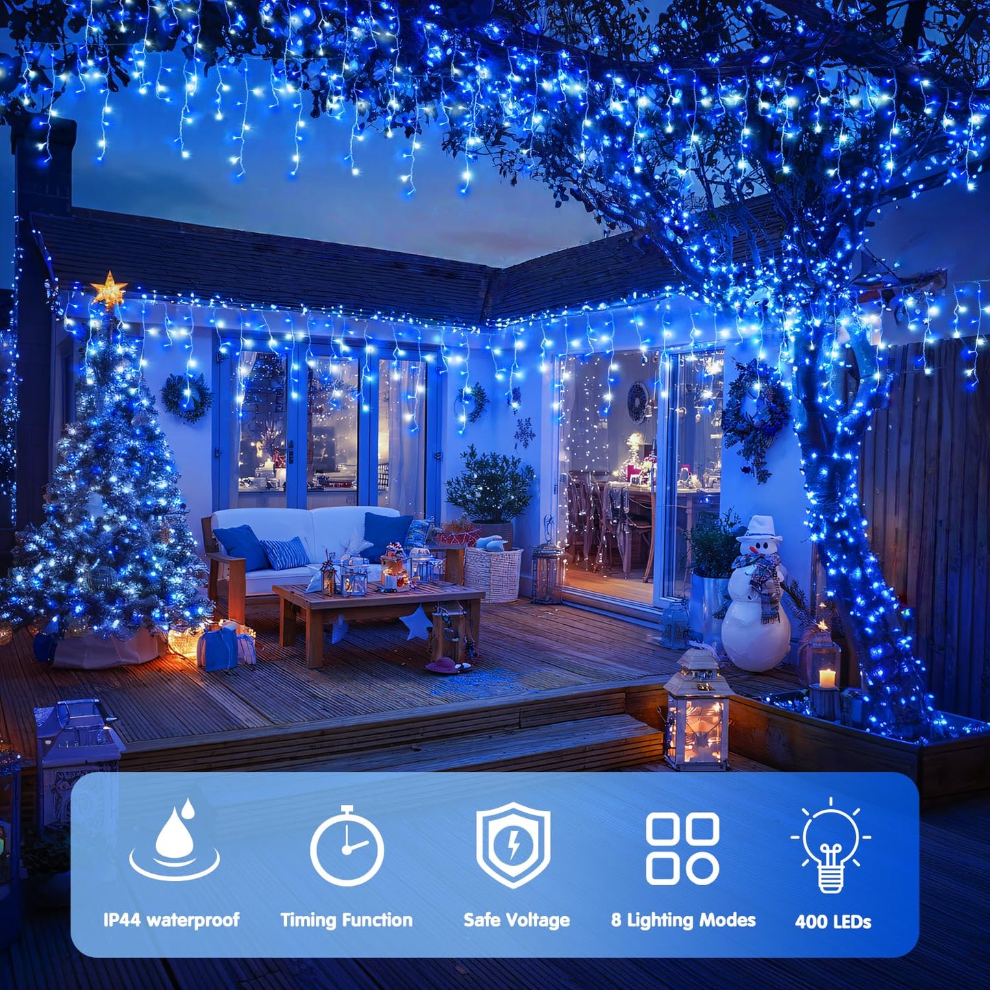JMEXSUSS Blue&White Icicle Lights - 38.8FT 400 LED Icicle String Lights with Remote for Indoor/Outdoor, House, Bedroom, Fireplace, Birthday, Christmas Decorations
