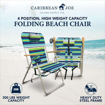 Caribbean Joe Folding Beach Chair, 4 Position Portable Backpack Foldable Camping Chair with Headrest, Cup Holder, and Wooden Armrests, Blue and Lime Stripe