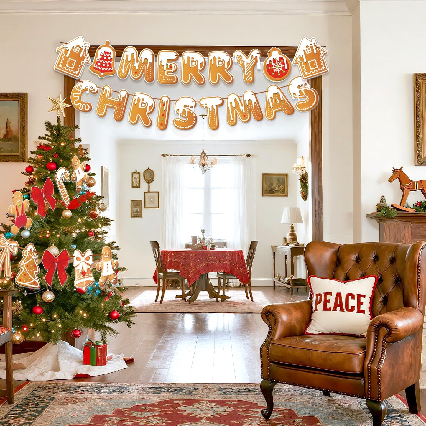 Merry Christmas Banner Gingerbread Christmas Hanging Decoration 3PCS Gingerbread Theme Garland Banner for Holiday Home Office Fireplace Wall Decor Outdoor Indoor Xmas Party Banner