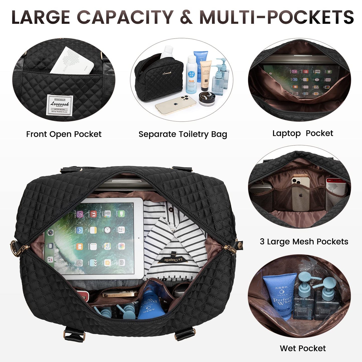 LOVEVOOK Travel Duffle Bag, Weekender Bags for Women with Shoe Compartment, Carry on Overnight Bag with Toiletry Bag, Gym Duffel Bag with Wet Pocket, Hospital Bags for Labor and Delivery, Black