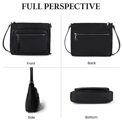 befen Genuine Leather Crossbody Bags for Women, Black Leather Purse with Built in Wallet, RFID Blocking Womens Handbag Shoulder Bag with Multi Zipper Pockets