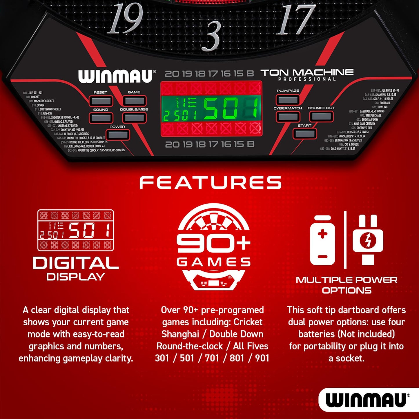 WINMAU Ton Machine Electronic Dartboard Set – Soft Tip Dart Board with 90+ Games, Digital Scoreboard & AI Play – 8 Player Multiplayer – Includes Darts, Tips & Throw Line