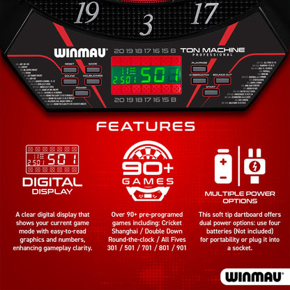 WINMAU Ton Machine Electronic Dartboard Set – Soft Tip Dart Board with 90+ Games, Digital Scoreboard & AI Play – 8 Player Multiplayer – Includes Darts, Tips & Throw Line