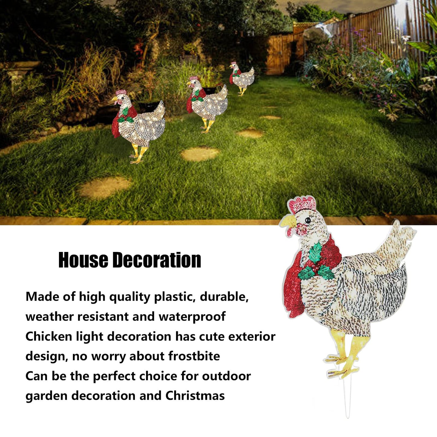 Plplaaoo Light Up Chicken Christmas Decoration with LED Lights – Light-Up Chicken Ornament with Scarf, Battery Operated Outdoor Lighted Chicken Decoration for Garden or Lawn(15.7x9.8in)
