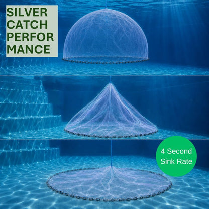 Silver Catch Cast Nets 5ft Radius|1/2 Inch Mesh for Fishing with Chain Bottom, Salt Water Casting Fishing Net Gear, Easy Throw Nets Fishing Bait in 4.5ft-10ft Radius|3/8",1/2",1" Mesh - Elite Series