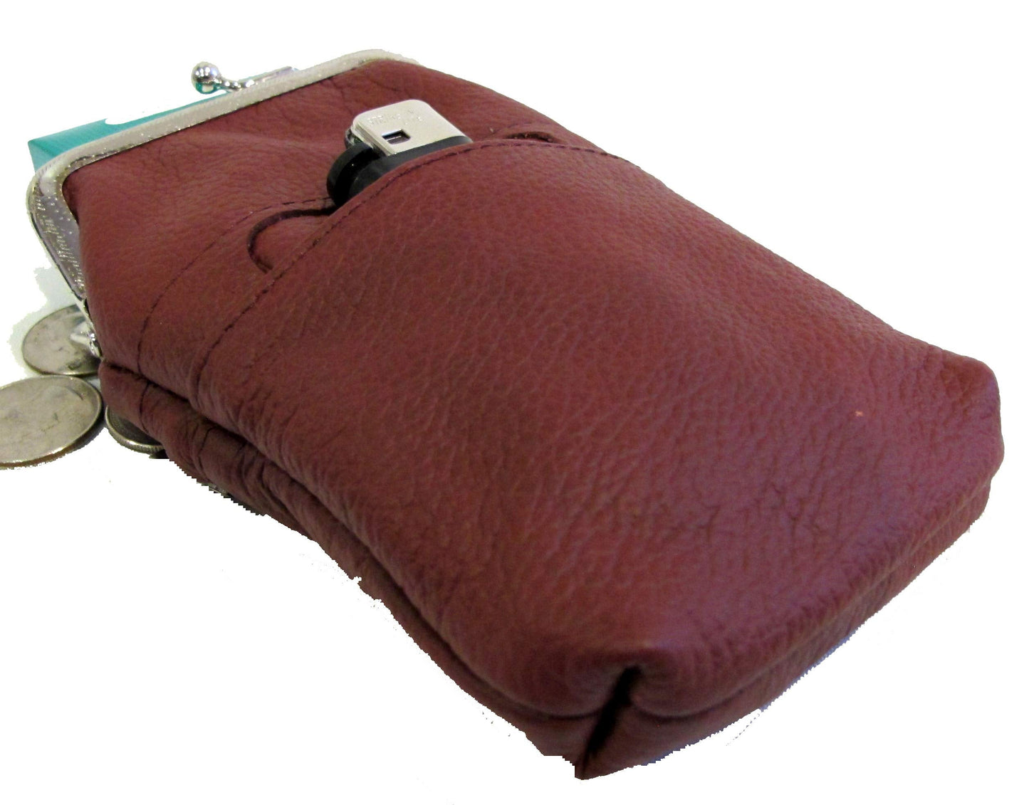 Women 100% Pure Leather Cigarette Case Lighter Match Pocket Zipper Coin Pouch -4 Color (Wine)