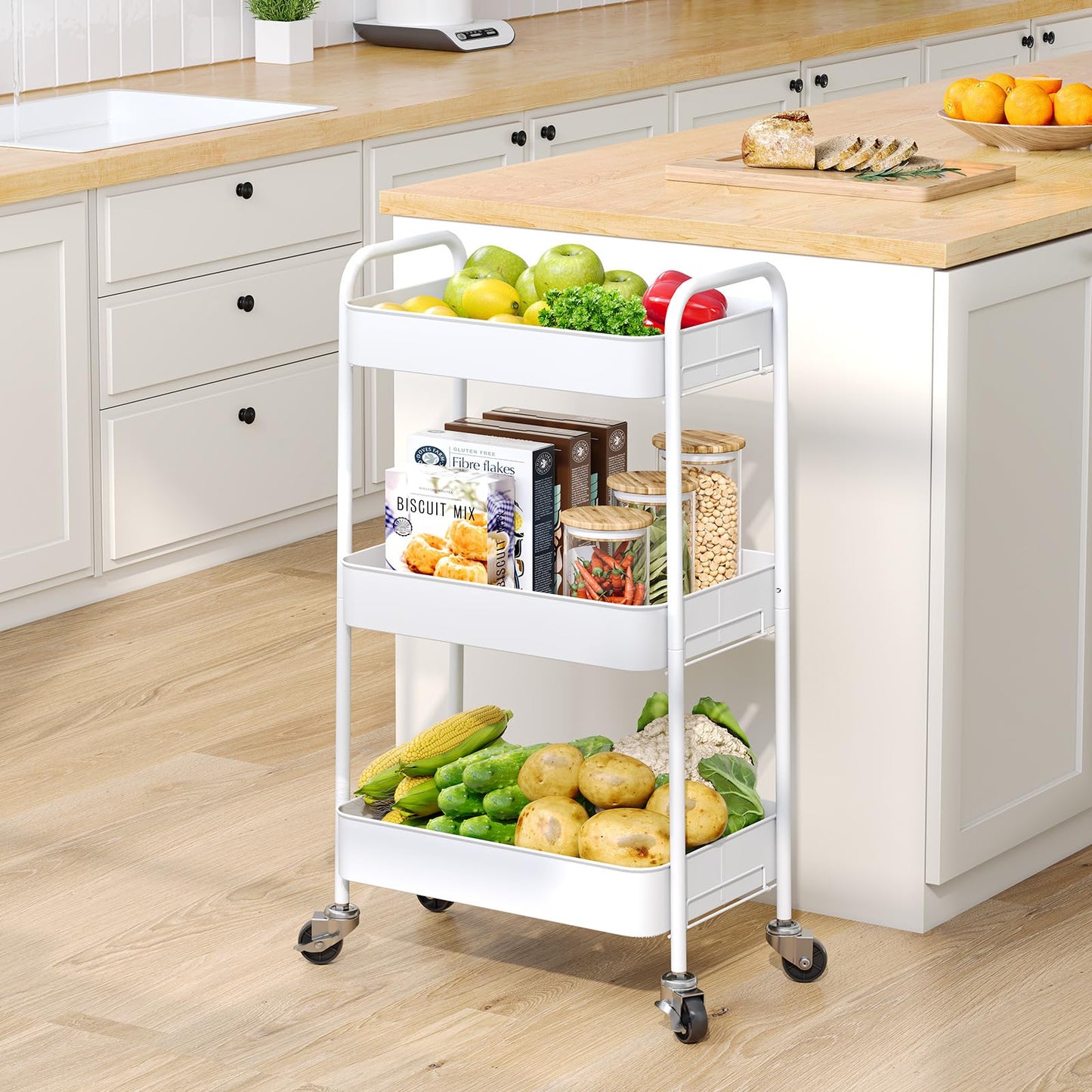 TOOLF 3-Tier Rolling Cart - Metal Utility Storage Organizer with Lockable Wheels, 33 lbs Per Shelf, Tool-Free 5-Min Assembly, for Kitchen Bathroom Office Nursery Craft Room, White