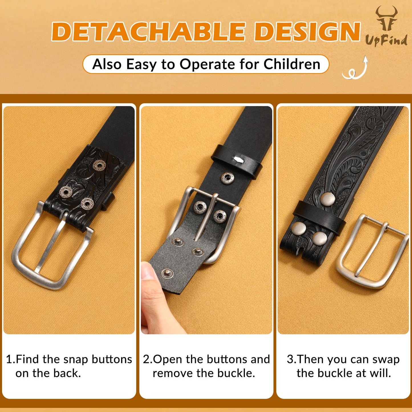 UpFind Boys Western Leather Belt Engraved Kids Cowboy Belt with Pin Buckle for Jeans Pant School Uniform Dress Up, 1.5" Wide