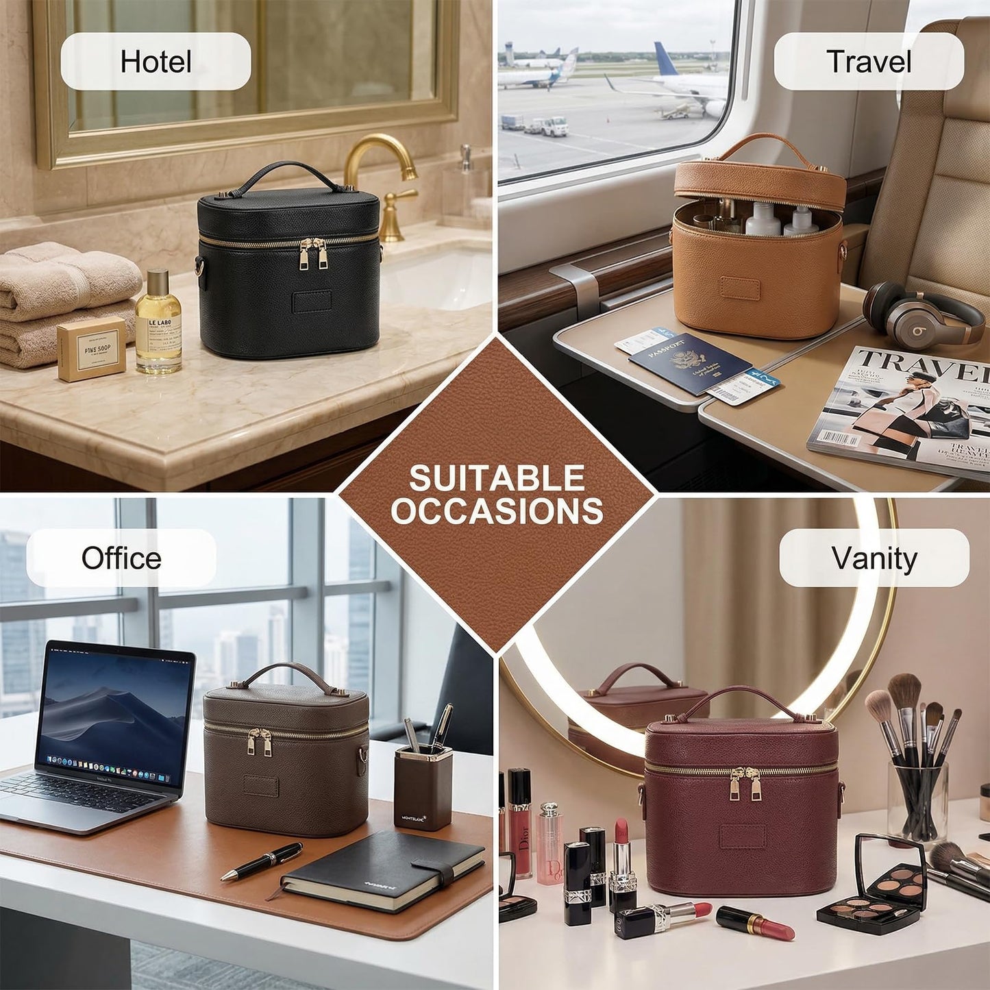 BAGOK Leather Vanity Case Makeup Bag with Removable Divider, Washable Compartments, Dual Zipper & Carry Handle – Travel Toiletry Organizer for Women