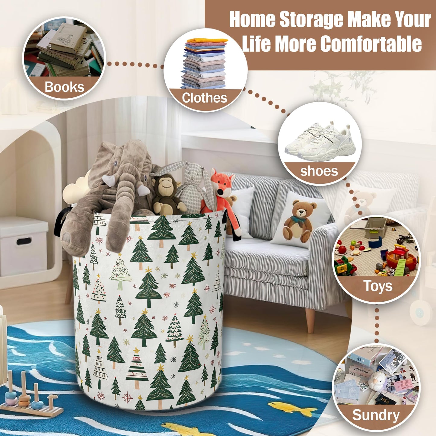 Christmas Pine Tree Laundry Basket,Waterproof Foldable Laundry Hamper,Dirty Clothes Basket, Linen Bin Storage Organizer Collection 16" x 20.8"