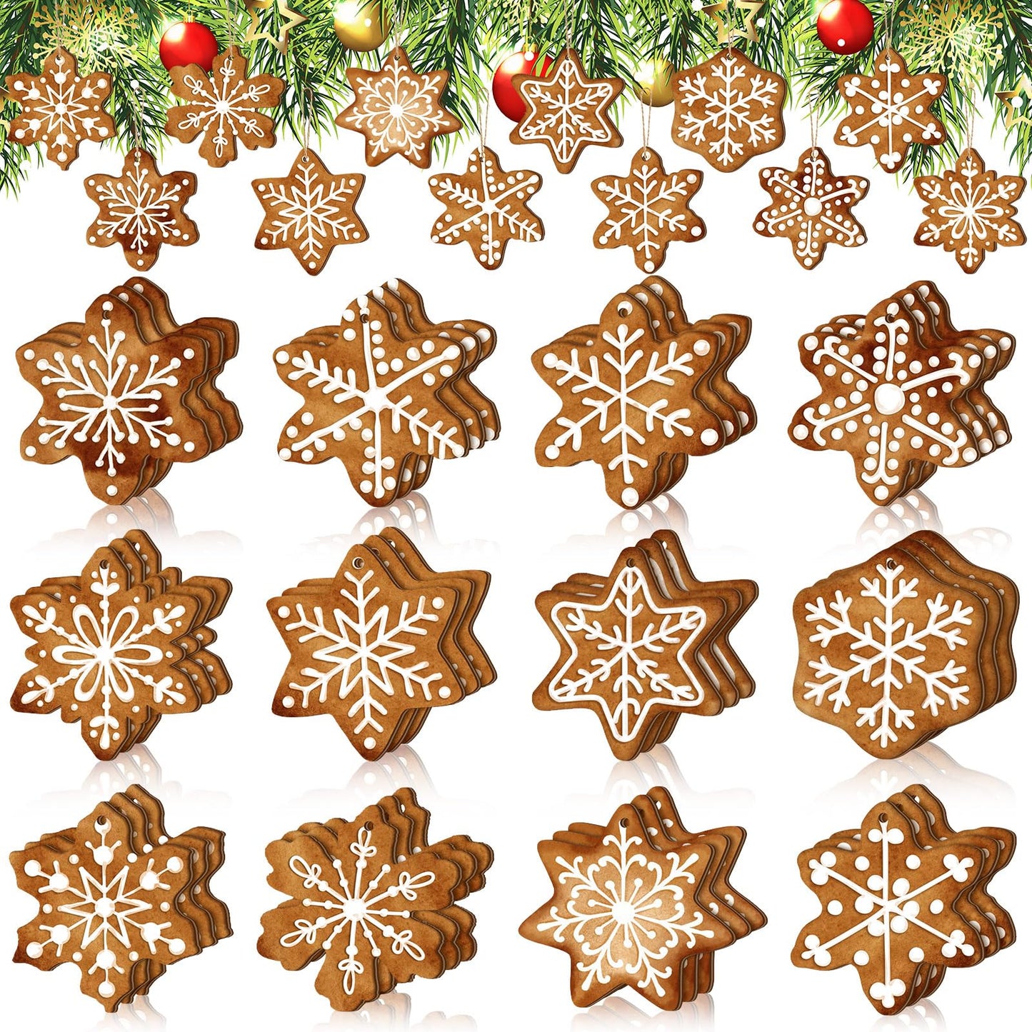 Quzzil 36 Pcs Christmas Gingerbread Ornaments for Tree Mini Snowflake Wooden Hanging Winter Xmas Ornaments with Ropes for Christmas Party Holiday Winter Crafts