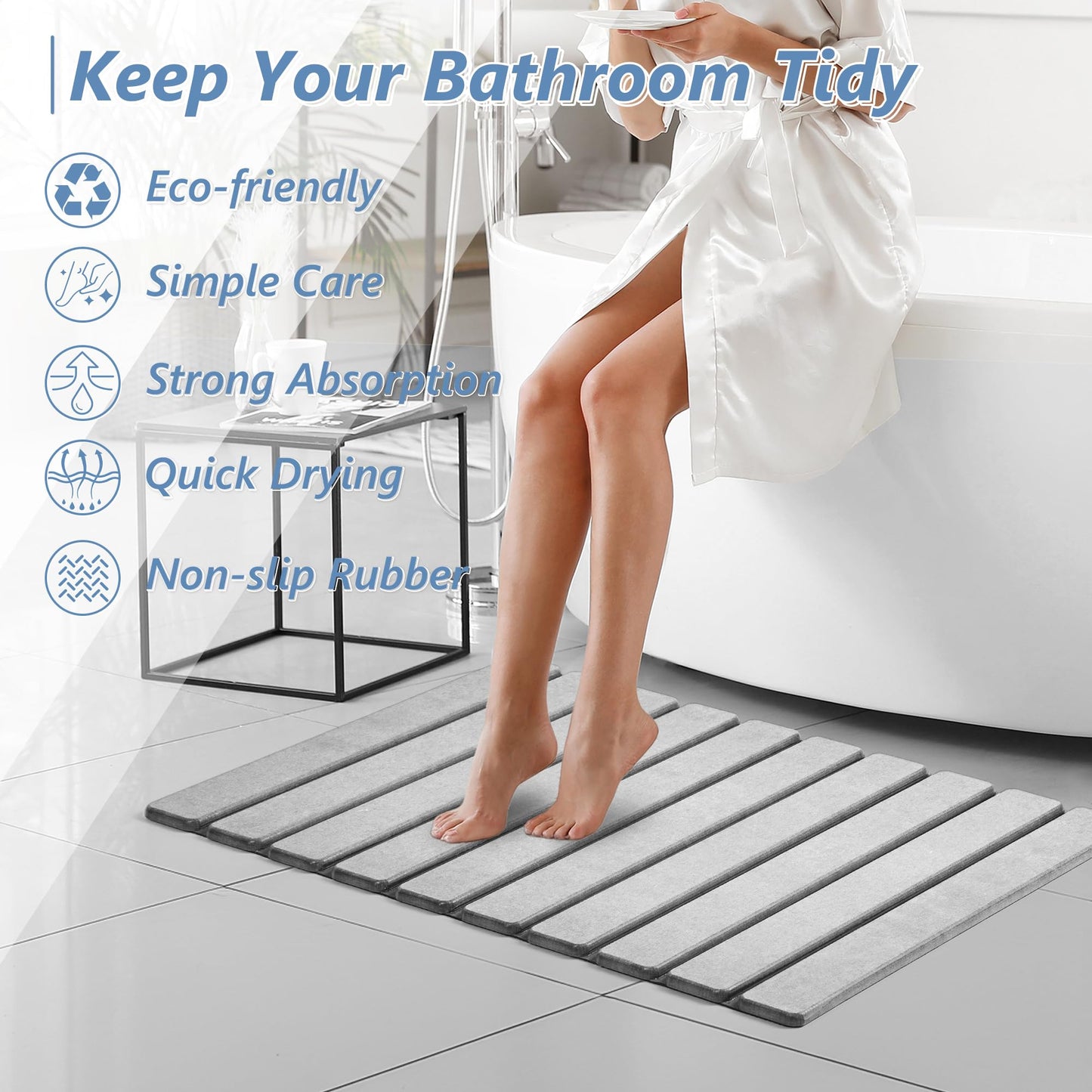 AWW Foldable Stone Bath Mat, Super Absorbent Diatomite, Non-Slip Quick Drying Mat, Compact, Light Grey, 23.6x15.5 Inches