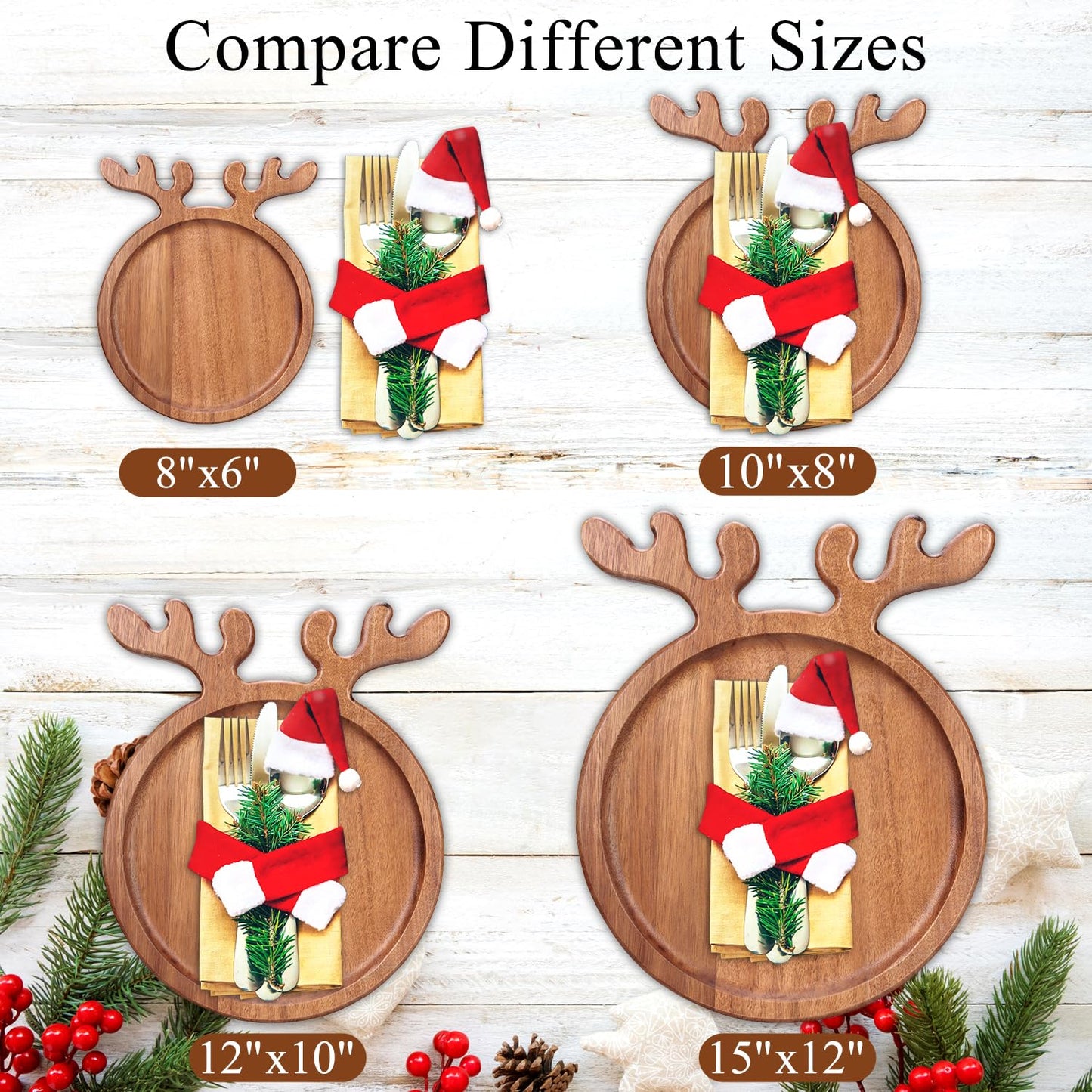 15"x12" Large Acacia Wood Christmas Decorative Veggie Tray Round Serving Platters Wooden Cheese Charcuterie Board Xmas Dinner Plate Dish Festive Fruit Tray Charger Plates for Christmas Holiday Platter