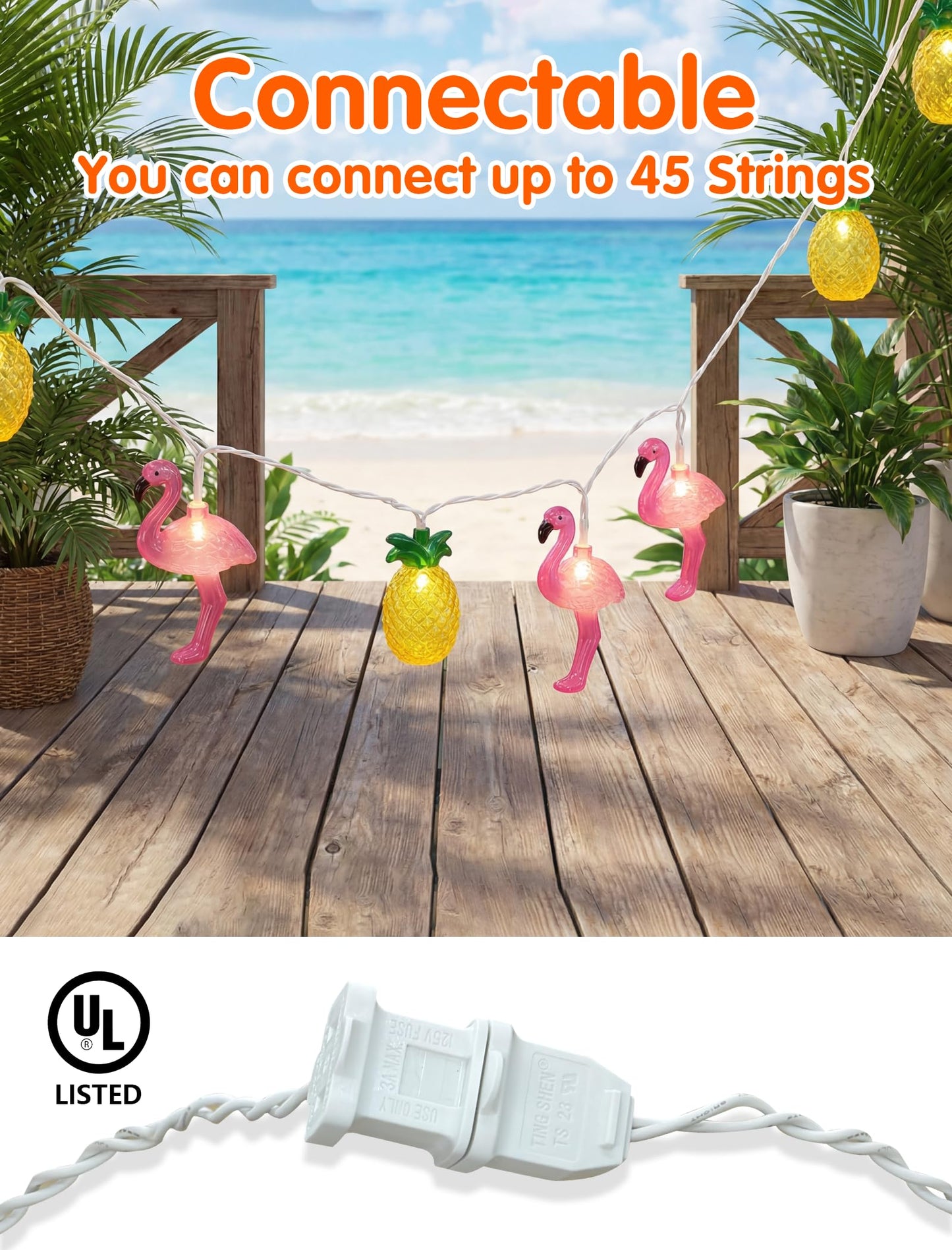 8.5FT Flamingo Pineapple Summer String Lights, Boho Tropical Tiki Summer Decorative String Lights with 10 LED Bulbs, Connectable Outdoor Indoor Decor for Hawaiian Luau, Pool Party, Patio, Beach