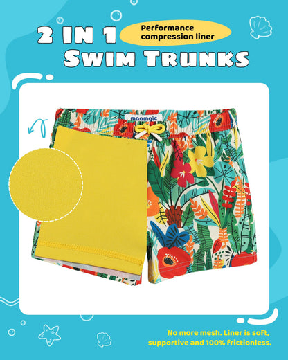 maamgic Boys Swim Trunks with Compression Liner Toddler Stretch Swim Shorts Quick Dry Swimming Trunks Boxer Brief 2 in 1 Beach Shorts Flower Garden 7