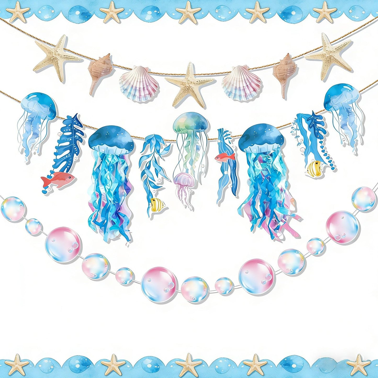 SUNBEAUTY Starfish Seashell Banner Under The Sea Party Decoration Jellyfish Hanging Garland 9.8ft Blue Bubble Garlands for Ocean Beach Theme Birthday Decor Mermaid Summer Party Decor