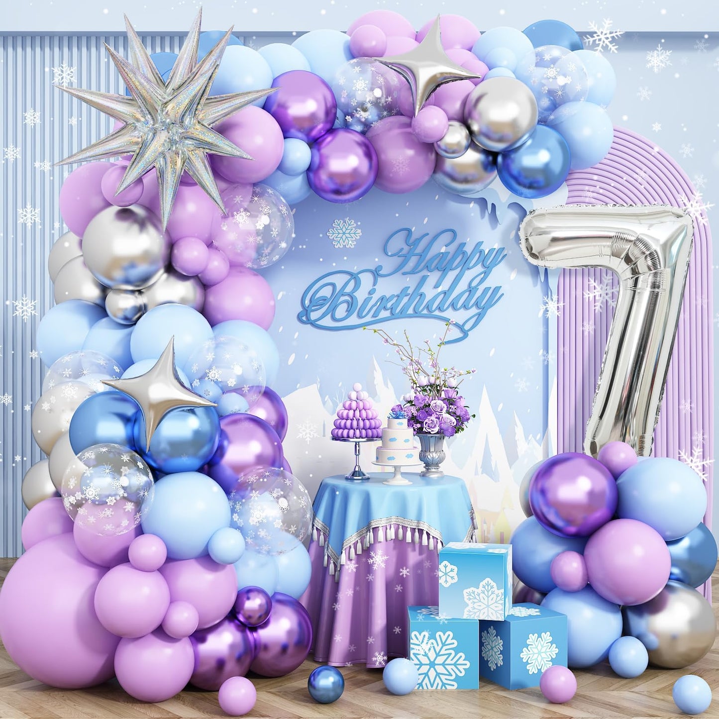 Snow 7th Birthday Decorations Girl, Snowflake Balloon Garland Arch Kit, Laser Explosion Star Balloons, Silver Number 7 Balloon Tower for Baby Shower Girls 7th Snow Theme Party Supplies
