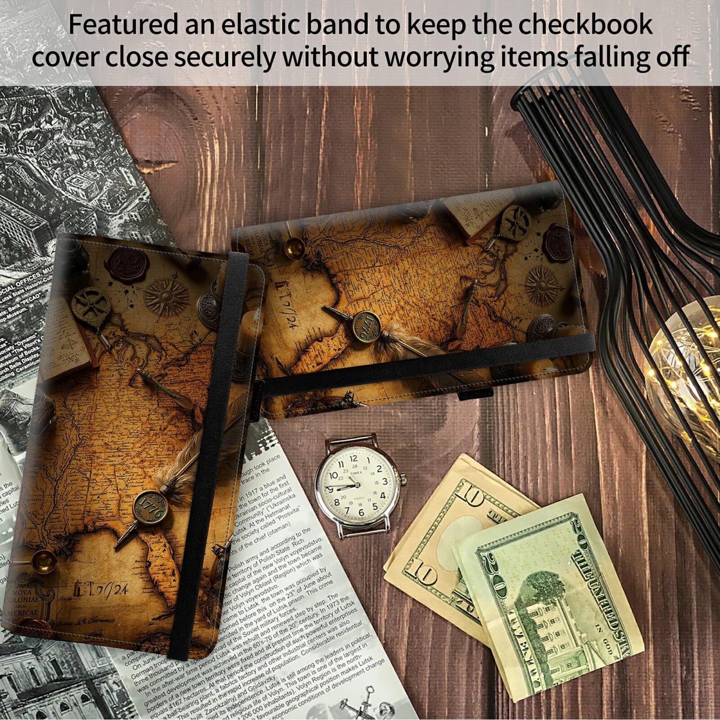 FUYOCWE Leather Checkbook Cover for Men & Women, Checkbook Holder Wallet RFID Blocking | 1776 Patriotic Vintage American Map