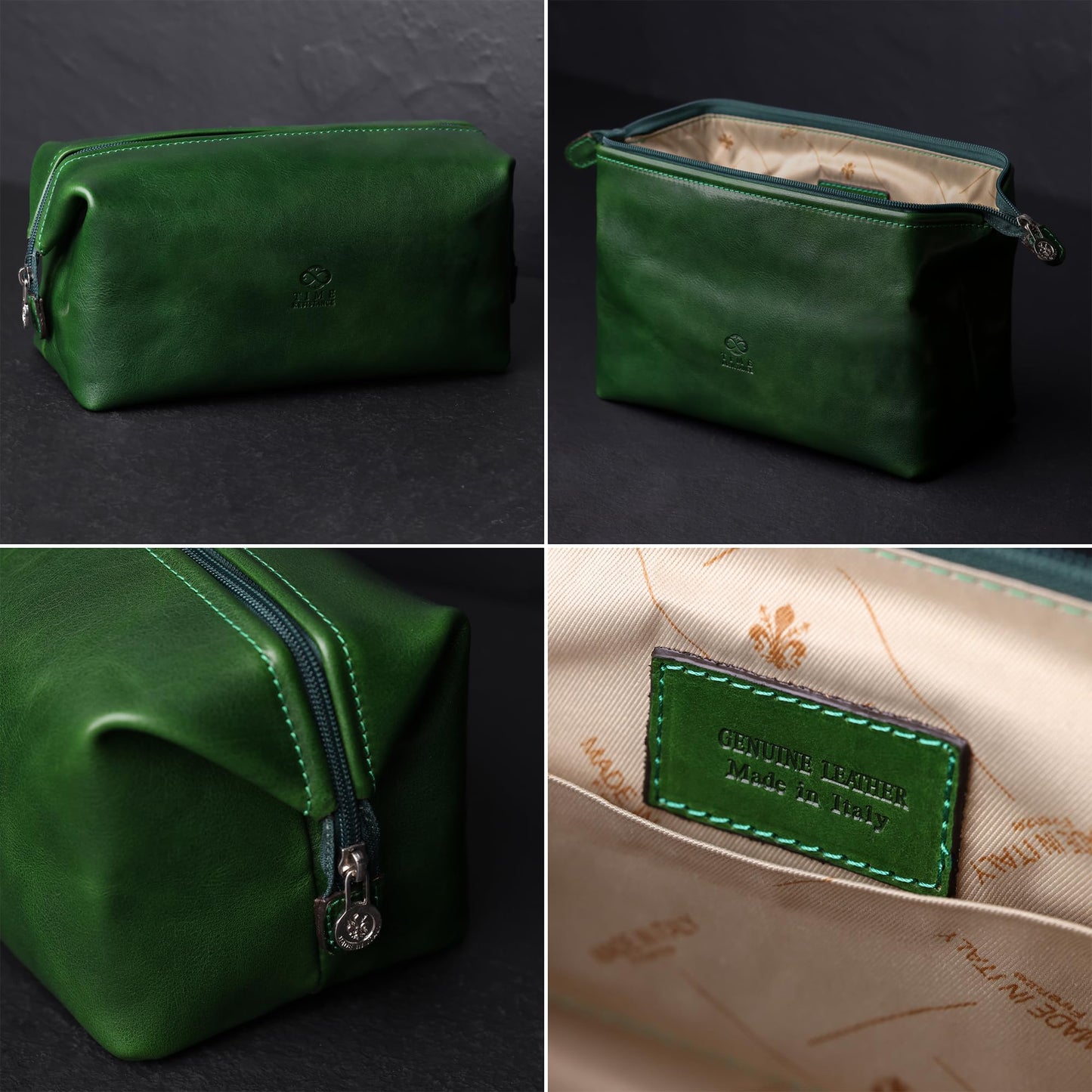 Time Resistance Leather Toiletry Bag - Italian Cosmetic Case Dopp Kit (Green)
