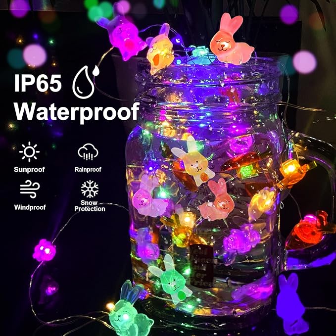 Easter Decorations Bunny Carrot String Lights, 16 ft 50 LED Spring Rabbit Lights for Lawns Garden Outdoor Holiday Party Easter Basket Stuffers (2 Pack)